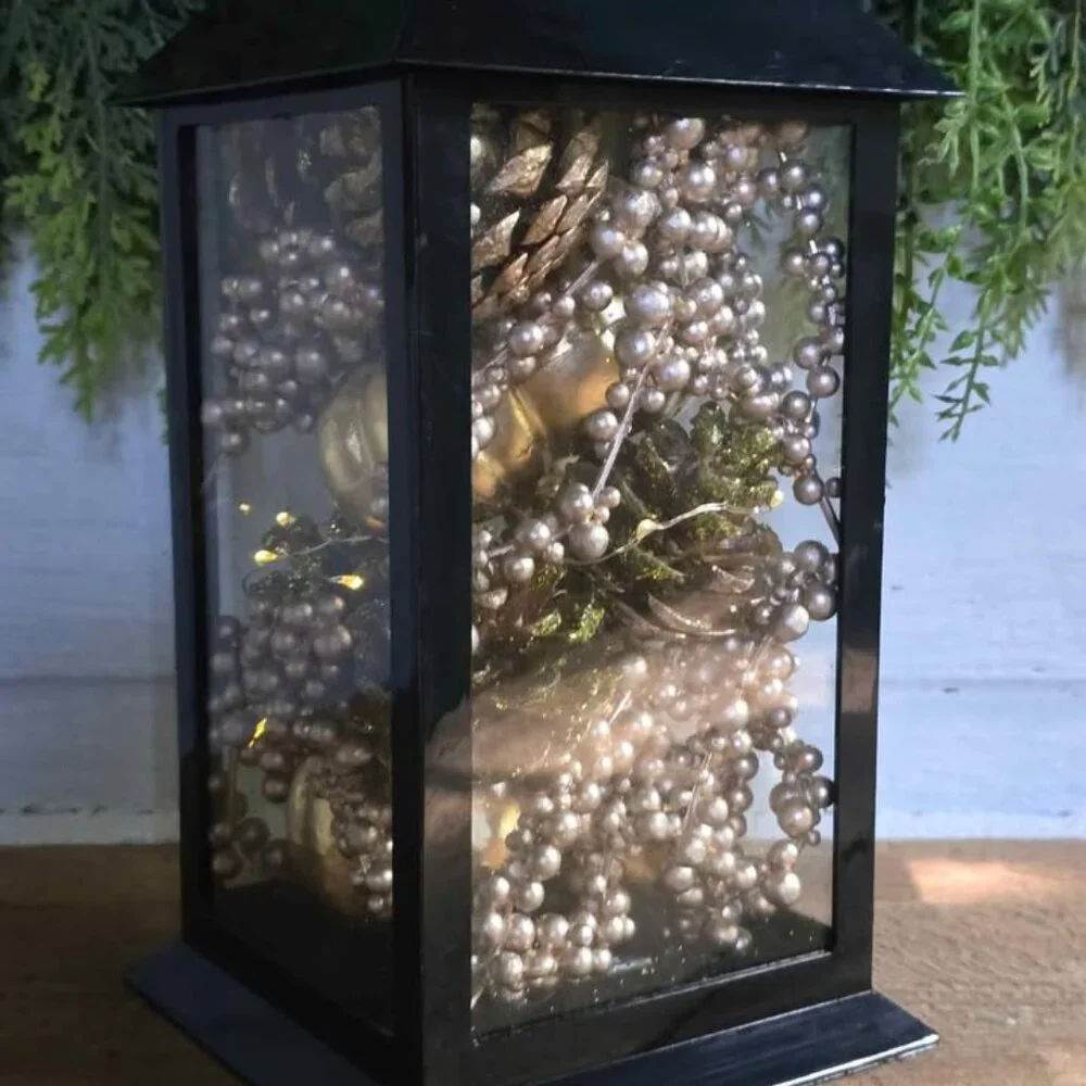 Light Up Gold Champagne Pumkin Berry Pinecone Fall Harvest Black Plastic Lantern